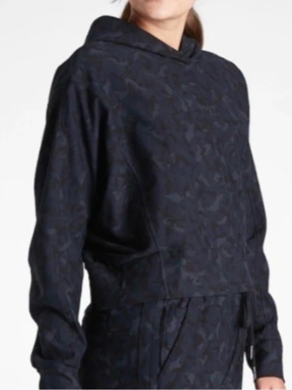 Athleta Printed Farallon Sweatshirt in a dark camo pattern.